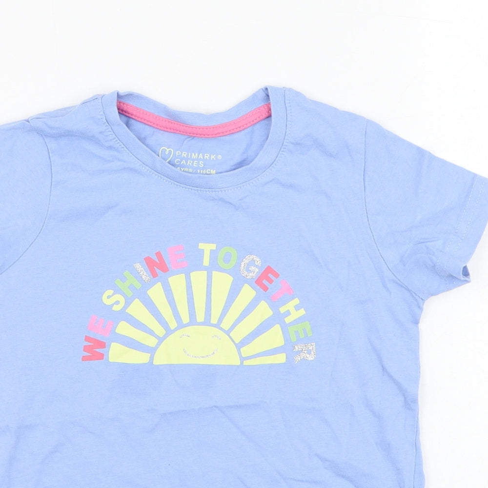 Primark Girls Blue  Cotton Basic T-Shirt Size 5-6 Years Round Neck Pullover - Slogan, Sun
