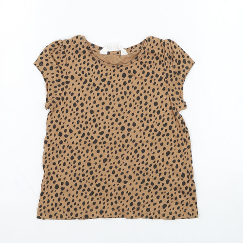 H&M Girls Brown Animal Print Cotton Basic T-Shirt Size 4-5 Years Round Neck Pullover