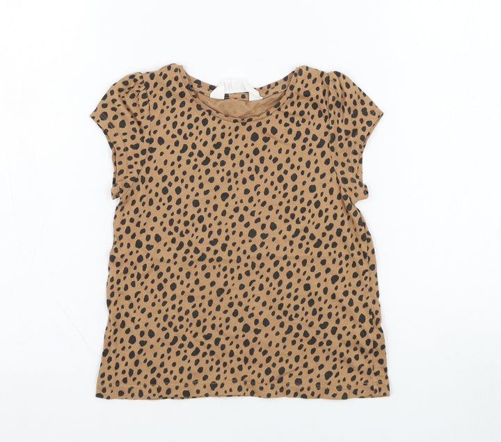H&M Girls Brown Animal Print Cotton Basic T-Shirt Size 4-5 Years Round Neck Pullover