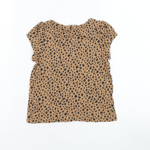 H&M Girls Brown Animal Print Cotton Basic T-Shirt Size 4-5 Years Round Neck Pullover