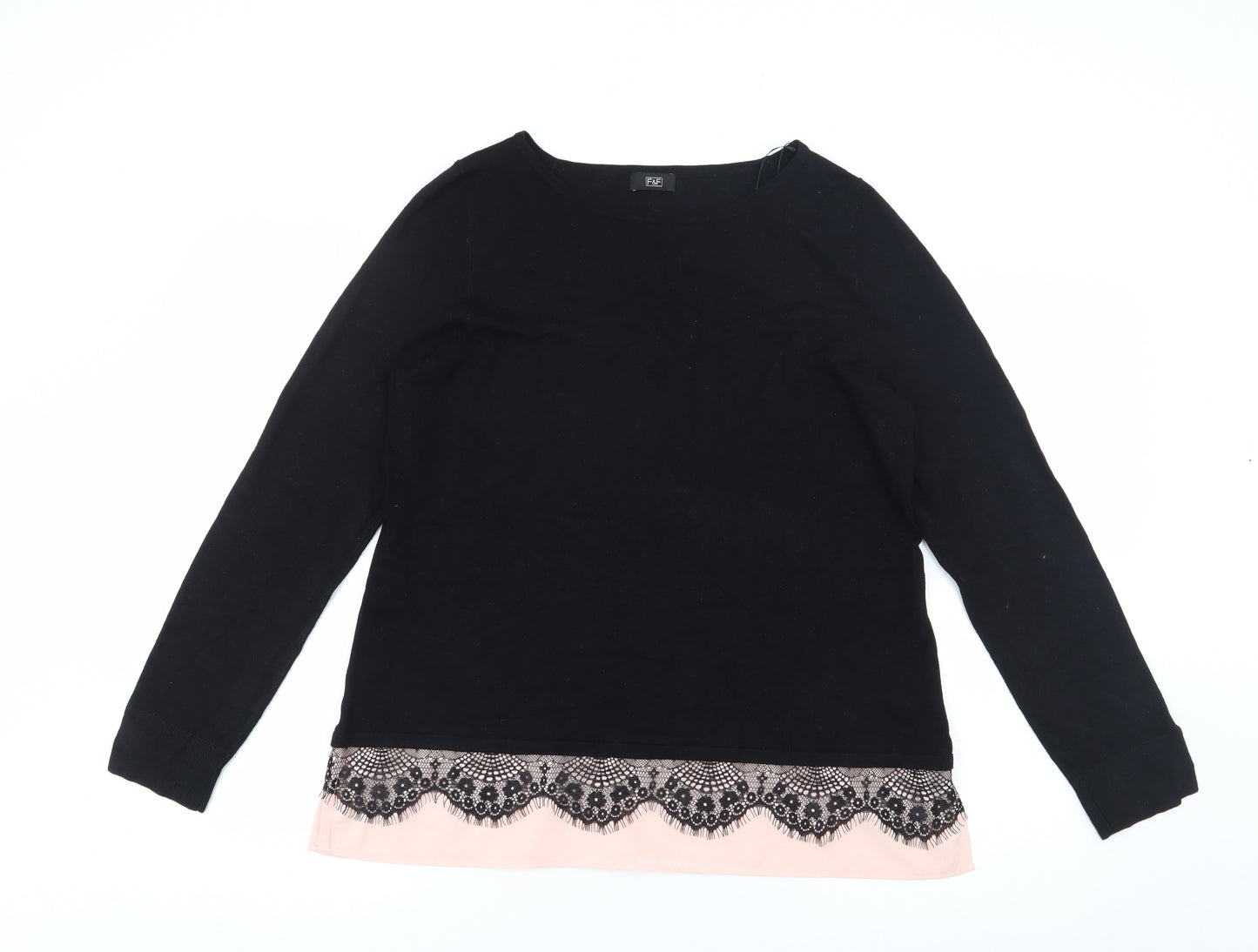 Florence + Fred Womens Black Boat Neck  Polyester Pullover Jumper Size L   - Lace Trim