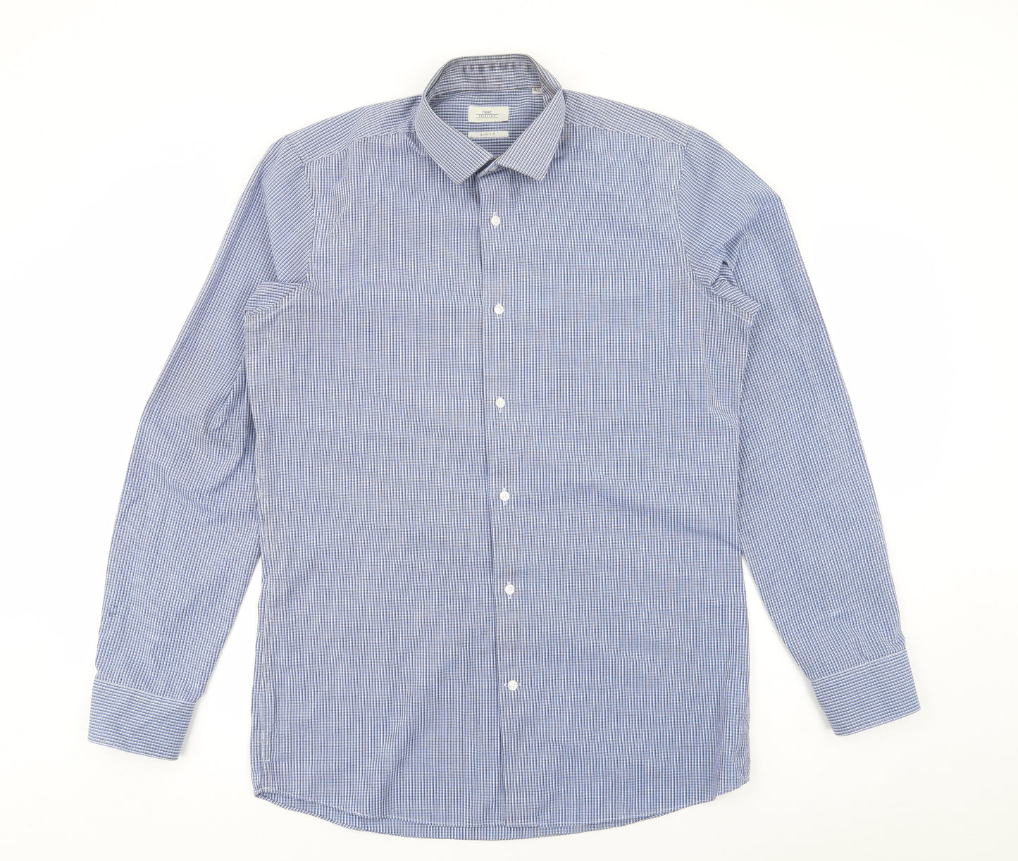 NEXT Mens Blue Check Polyester  Button-Up Size 15.5 Collared Button
