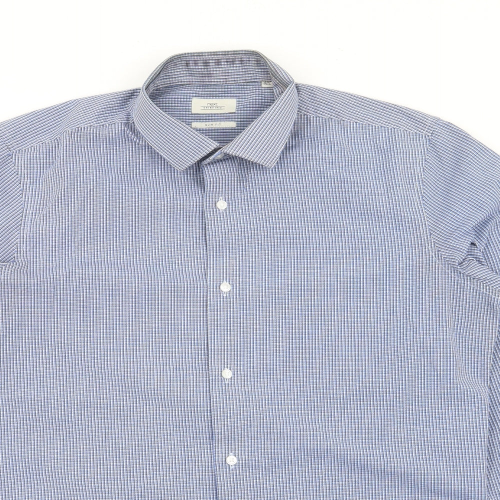 NEXT Mens Blue Check Polyester  Button-Up Size 15.5 Collared Button