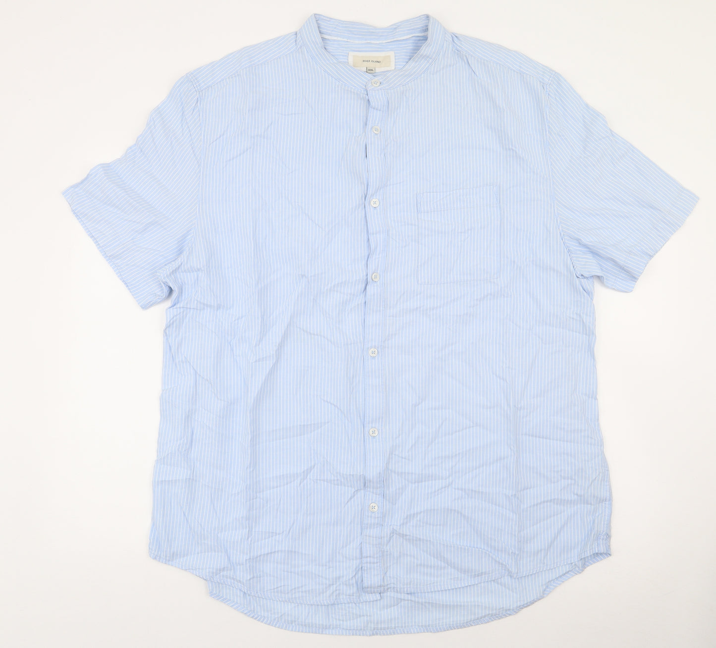 River Island Mens Blue Striped Cotton  Button-Up Size 2XL Round Neck Button