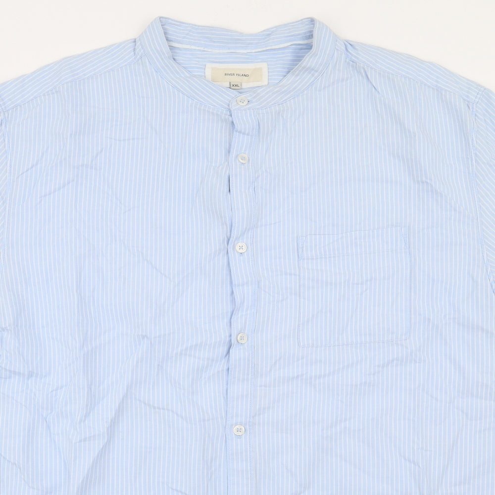 River Island Mens Blue Striped Cotton  Button-Up Size 2XL Round Neck Button