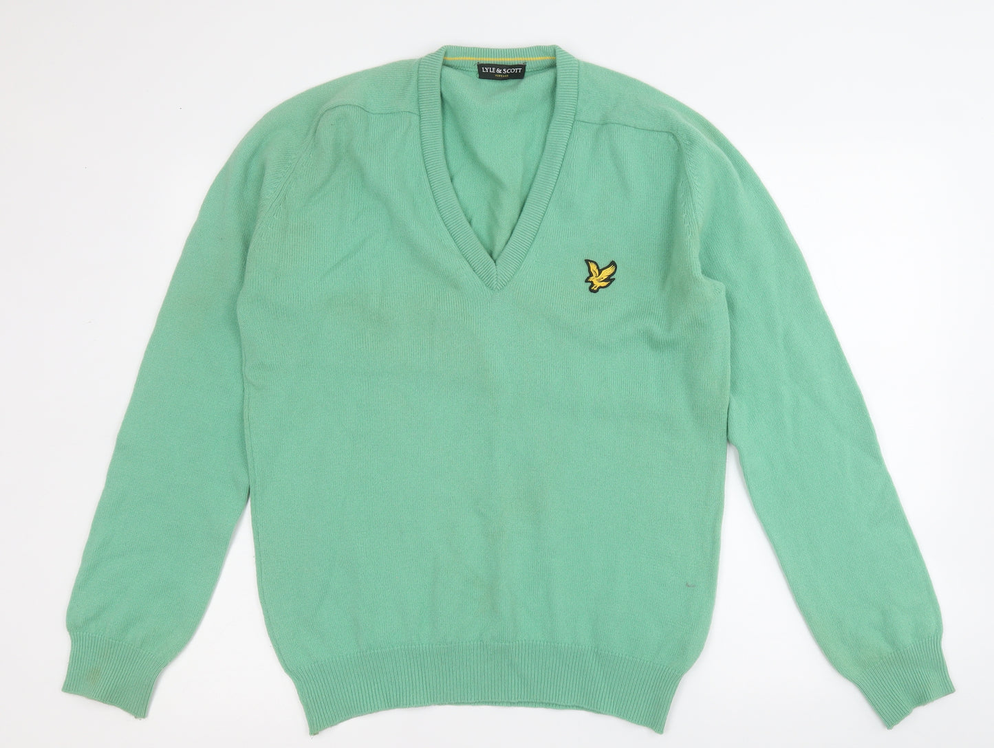 Lyle & Scott Mens Green V-Neck  Wool Pullover Jumper Size L