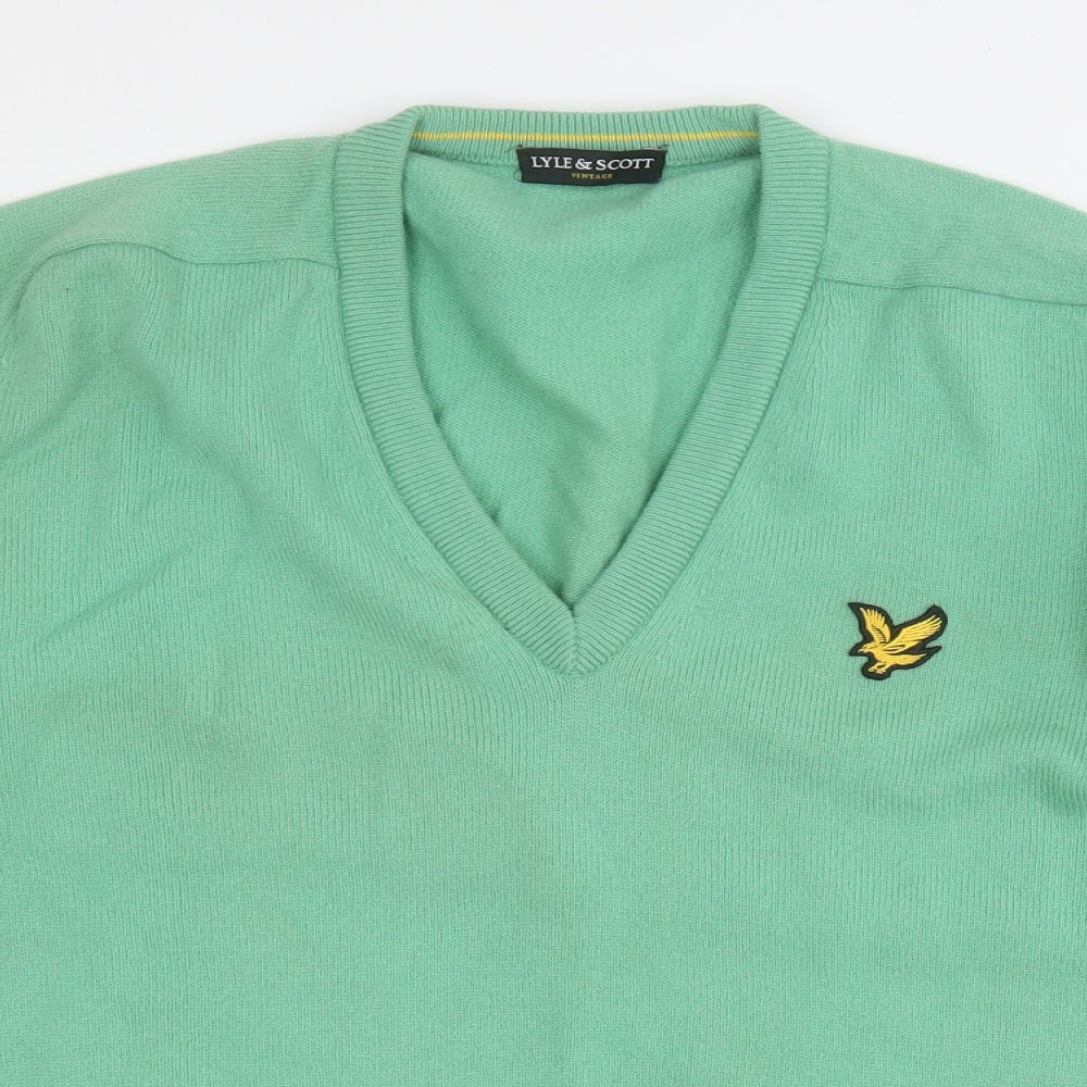 Lyle & Scott Mens Green V-Neck  Wool Pullover Jumper Size L