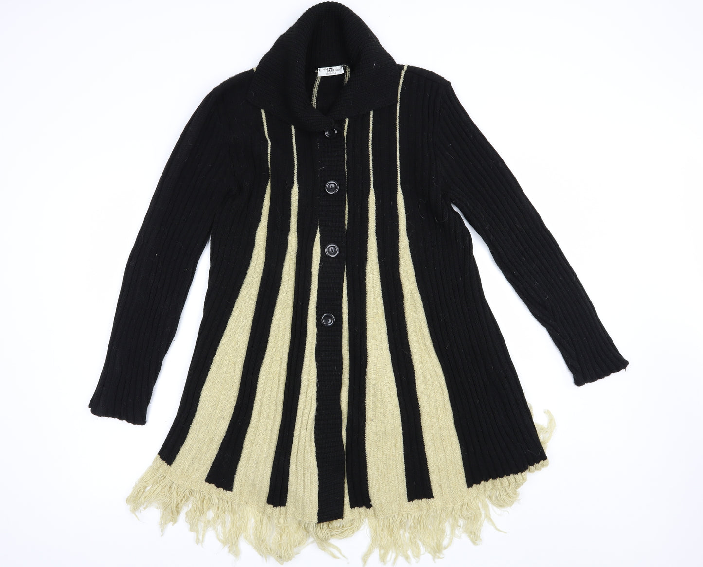 Too True Womens Black Collared Striped Acrylic Cardigan Jumper Size L