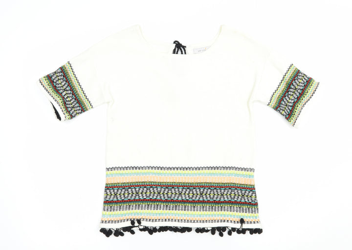 Per Una Womens White Boat Neck Geometric Cotton Pullover Jumper Size 8