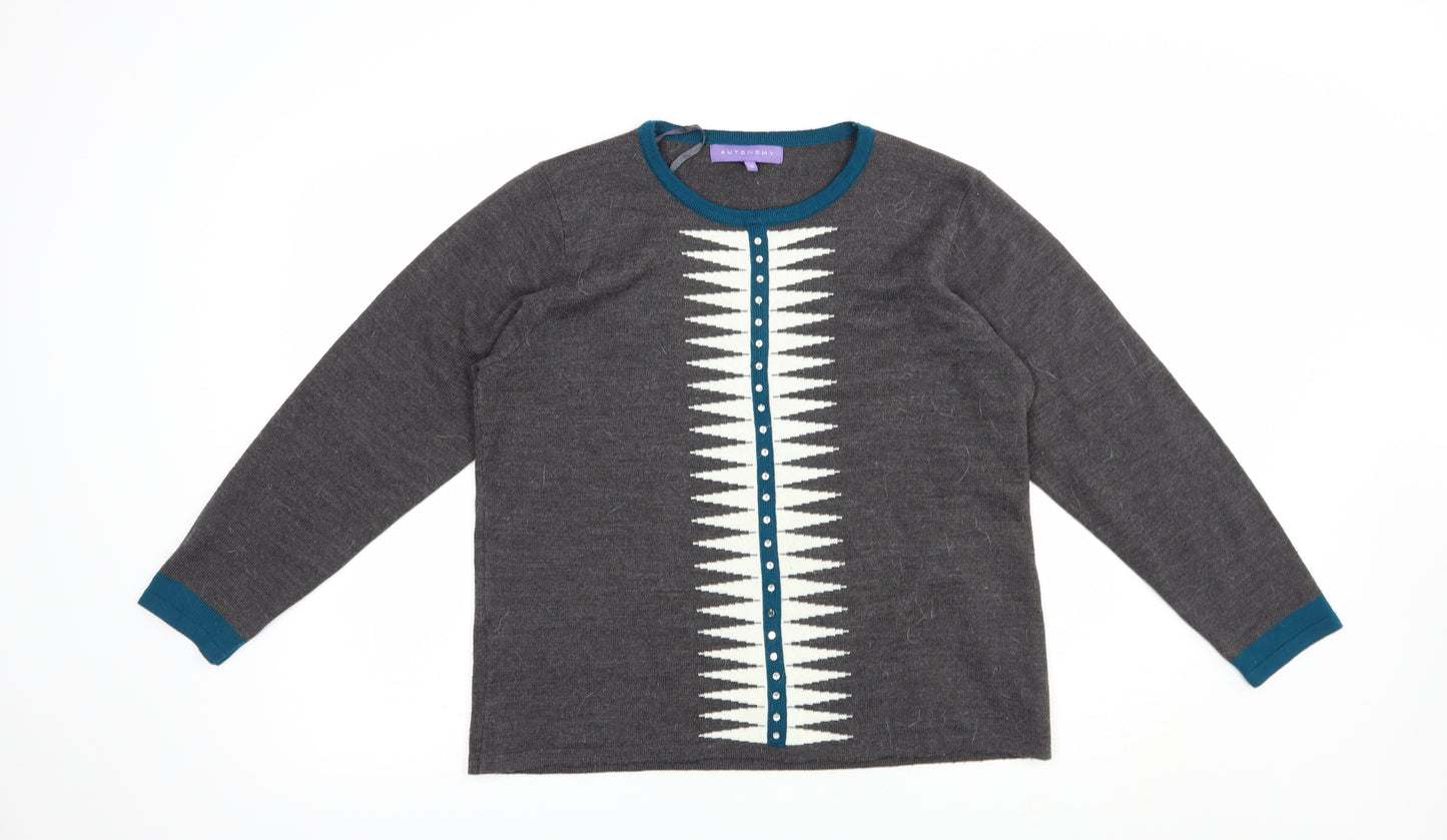 Autonomy Womens Grey Crew Neck Geometric Acrylic Pullover Jumper Size M