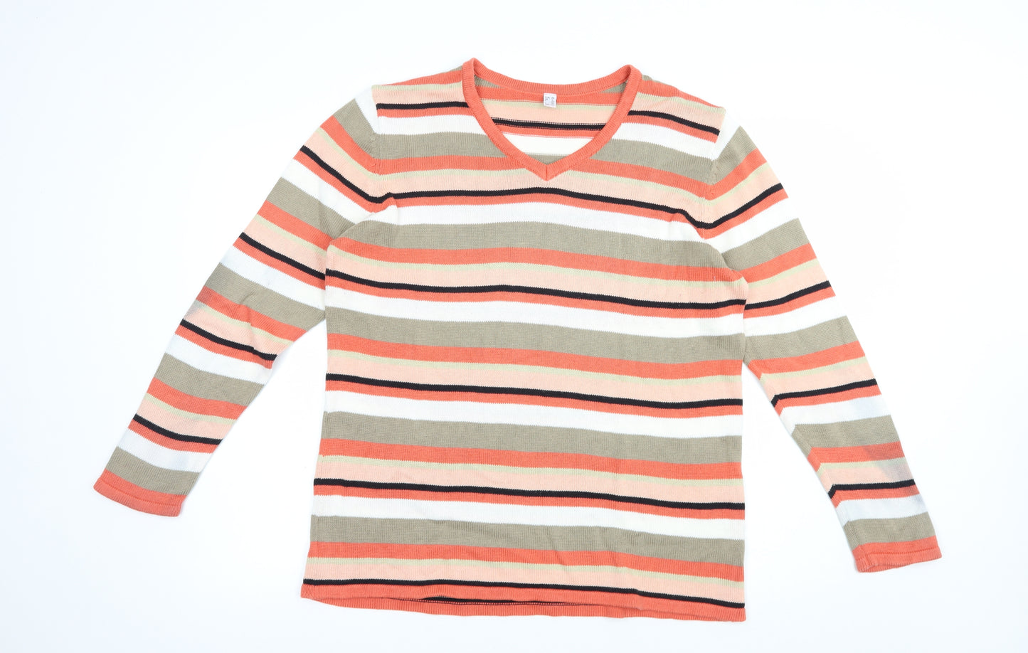 Preworn Womens Multicoloured V-Neck Striped Cotton Pullover Jumper Size 18