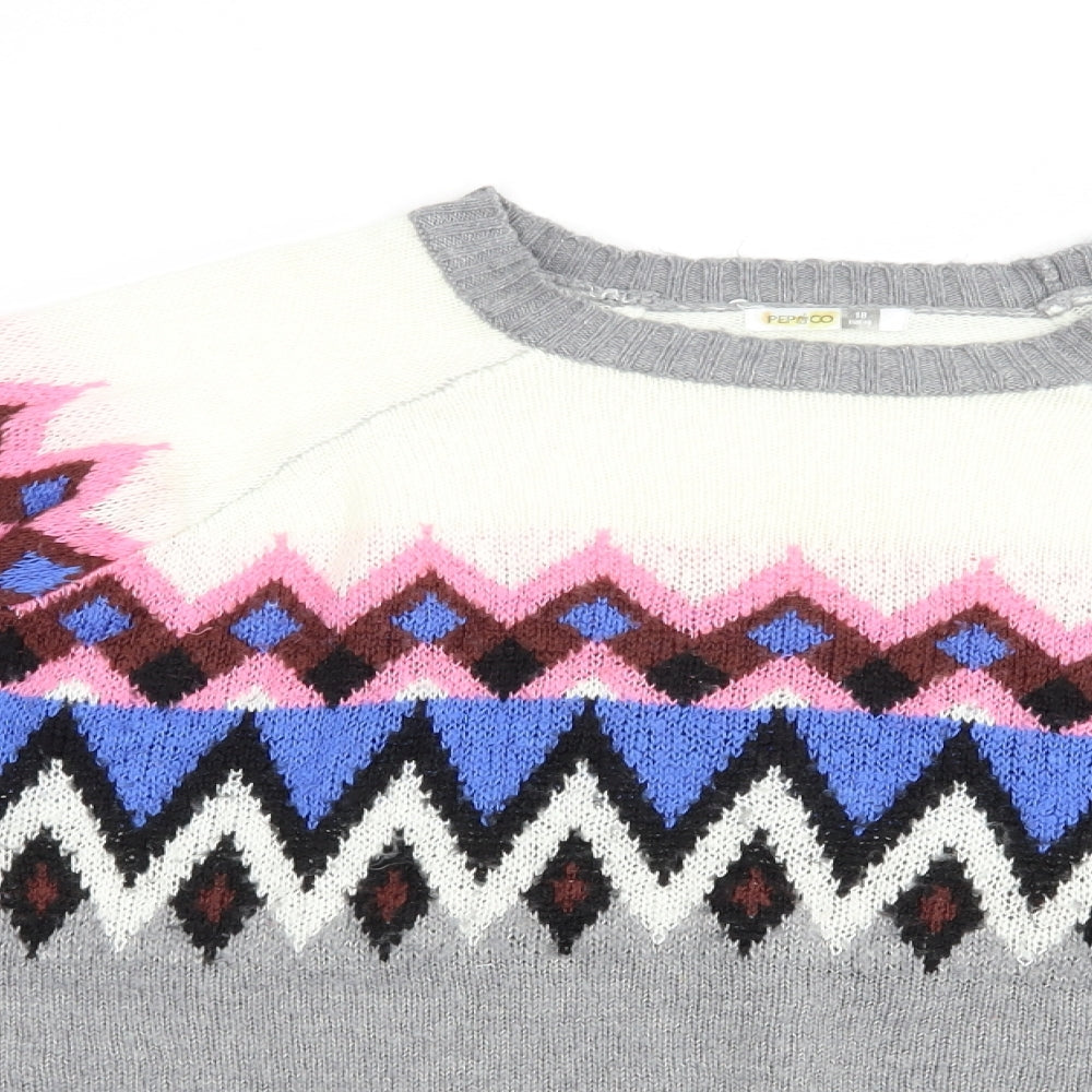 Pep & Co Womens Grey Crew Neck Fair Isle Acrylic Pullover Jumper Size 18