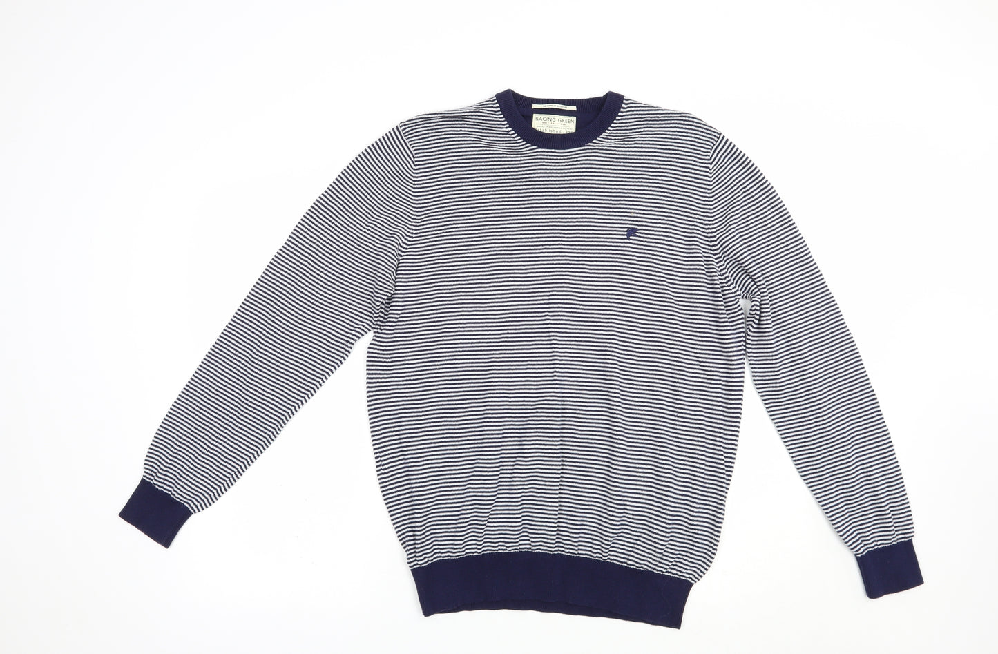 Racing Green Mens Blue Crew Neck Striped Cotton Pullover Jumper Size M