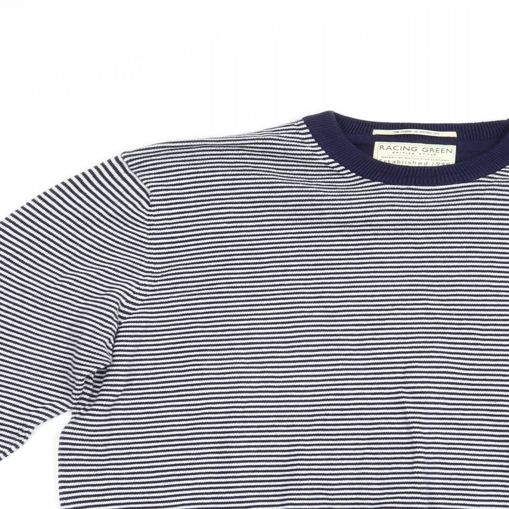 Racing Green Mens Blue Crew Neck Striped Cotton Pullover Jumper Size M