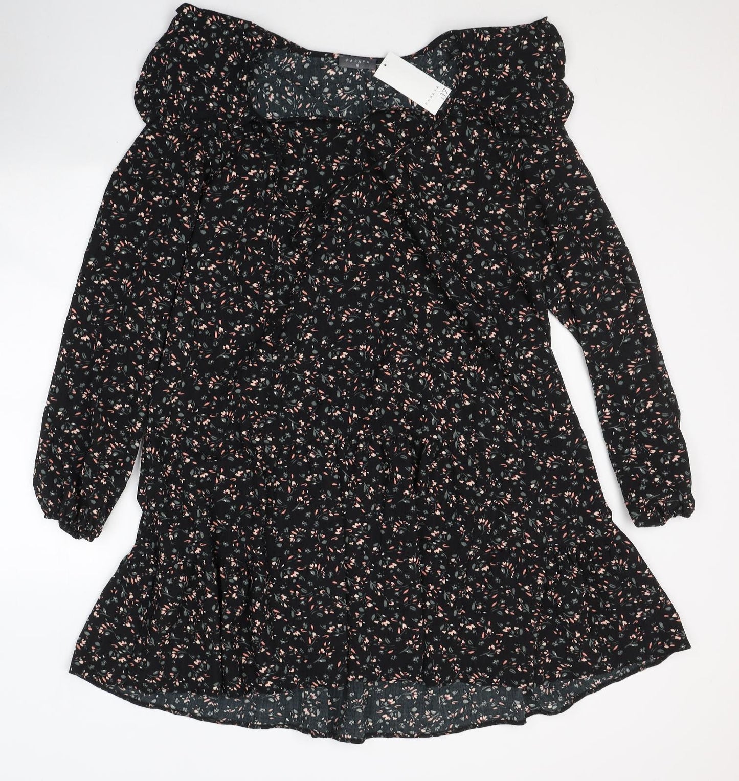 Papaya Womens Black Floral Polyester A-Line  Size 16  Round Neck Pullover