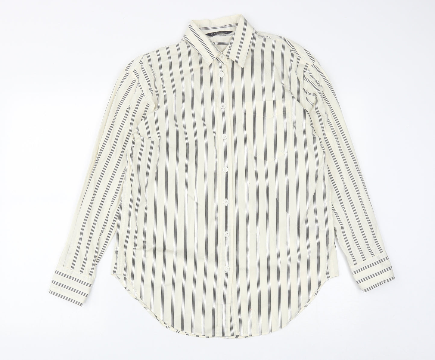 Marks and Spencer Womens White Striped Cotton Basic Button-Up Size 6 Collared