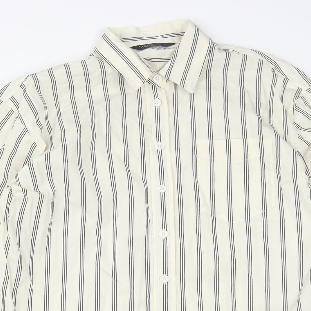 Marks and Spencer Womens White Striped Cotton Basic Button-Up Size 6 Collared