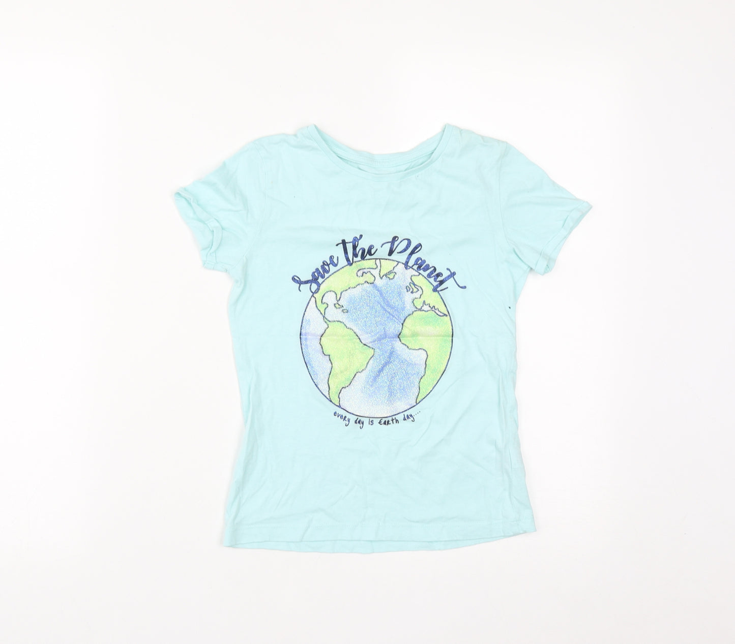 Dunnes Girls Green  Cotton Basic T-Shirt Size 8 Years Round Neck  - Save the Planet