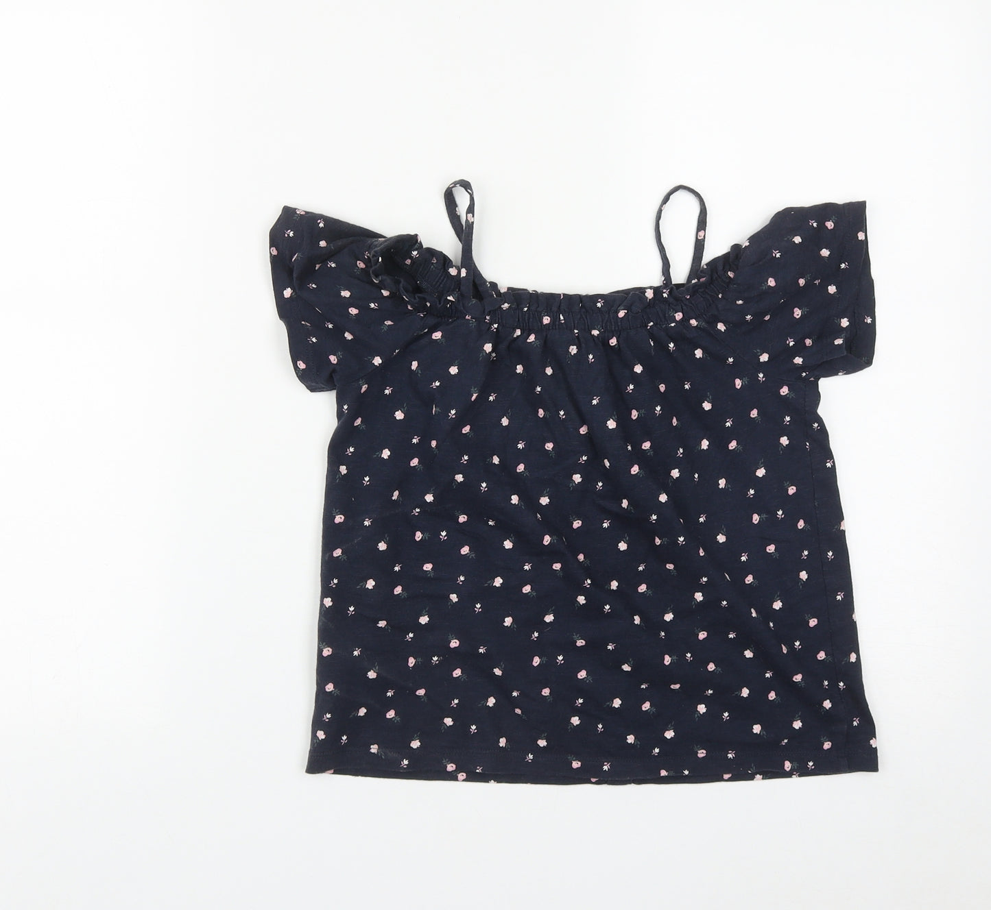 NEXT Girls Blue Floral Cotton Basic T-Shirt Size 8 Years Square Neck