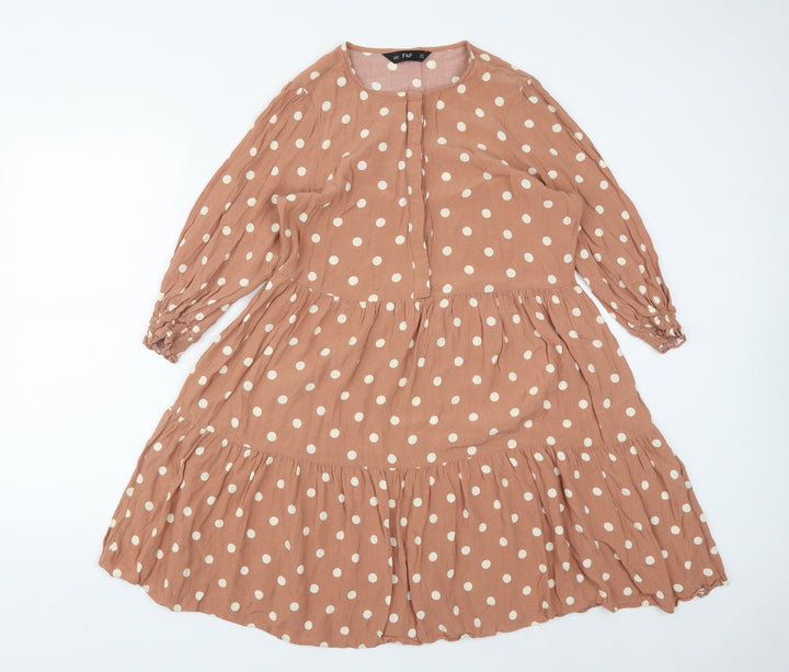 F&F Womens Brown Polka Dot Viscose Fit & Flare Size 10 Round Neck Button