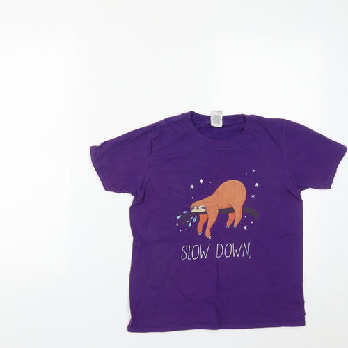 Gilden Girls Purple  Cotton Basic T-Shirt Size L Round Neck  - Sloth Print