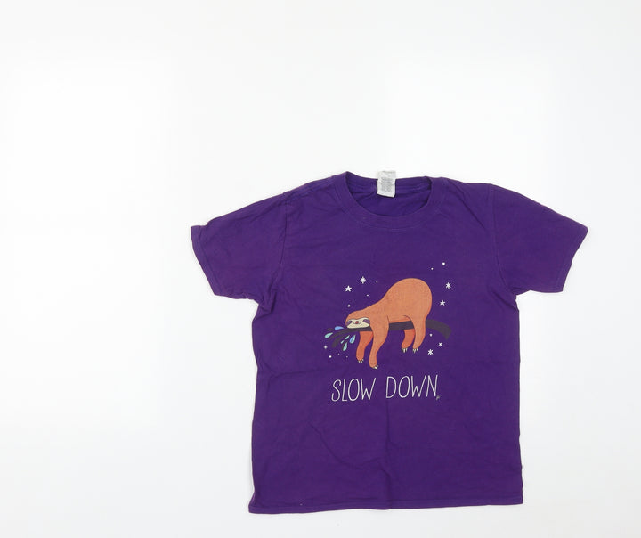 Gilden Girls Purple  Cotton Basic T-Shirt Size L Round Neck  - Sloth Print