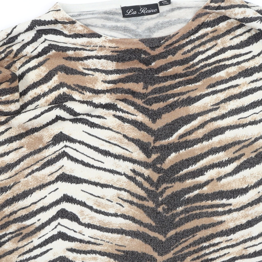 La Reine Womens Brown Round Neck Animal Print Polyester Pullover Jumper Size L