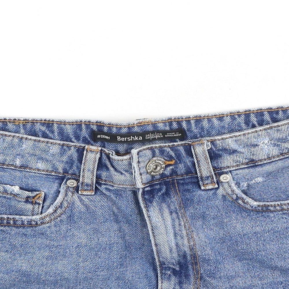 Bershka Womens Blue  Cotton Boyfriend Shorts Size 34 L3 in Regular