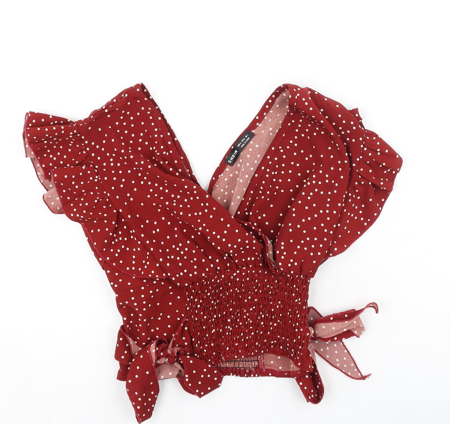 SheIn Womens Red Polka Dot Polyester Cropped Blouse Size S V-Neck