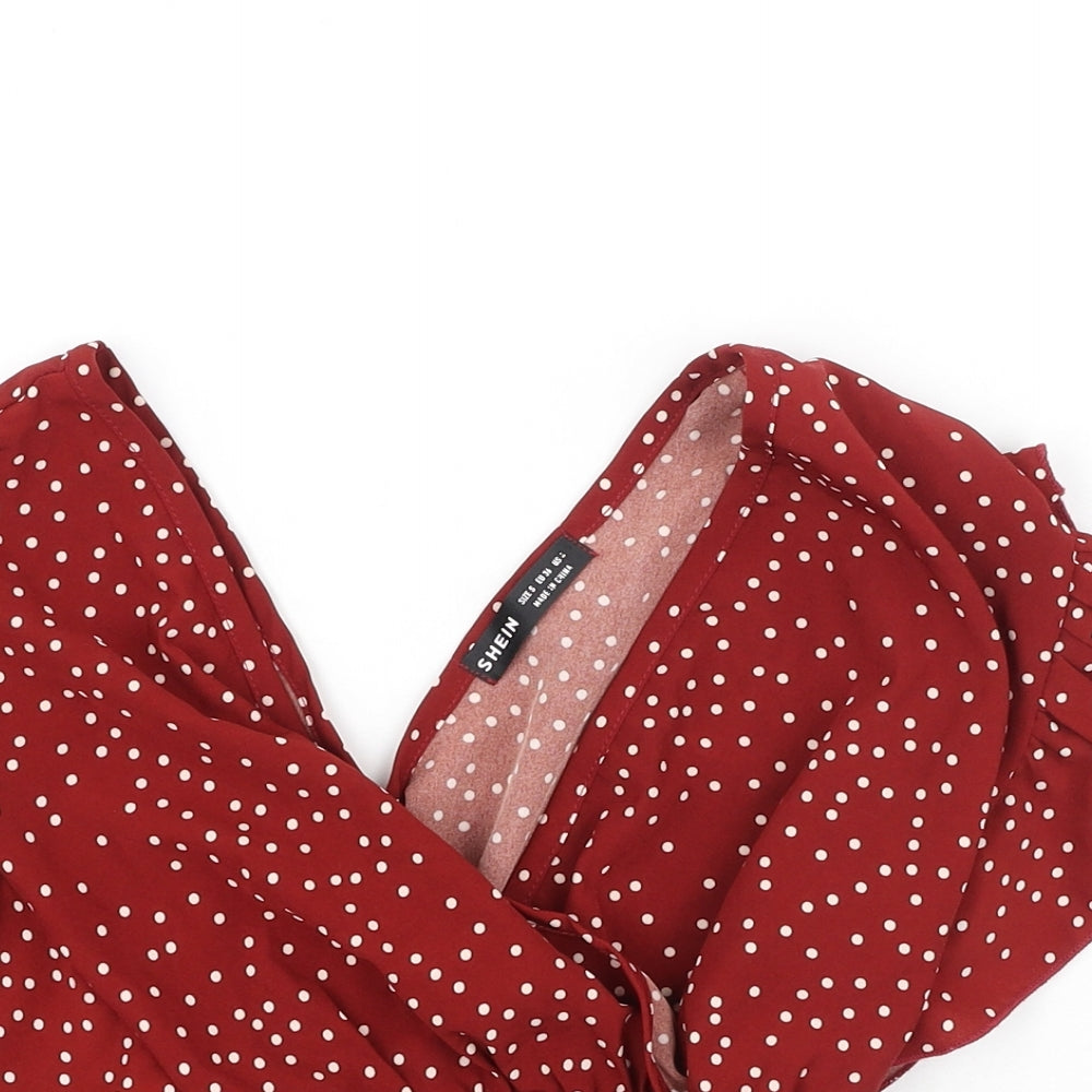 SheIn Womens Red Polka Dot Polyester Cropped Blouse Size S V-Neck