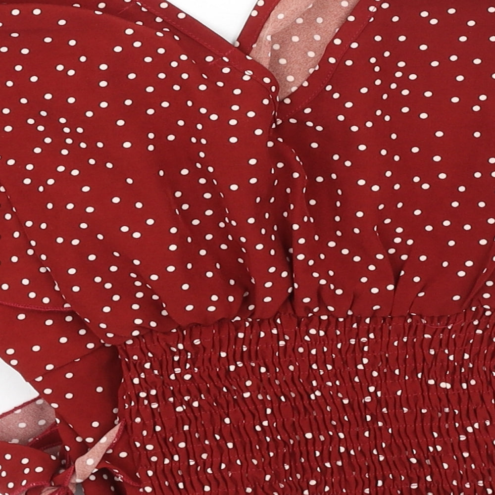 SheIn Womens Red Polka Dot Polyester Cropped Blouse Size S V-Neck