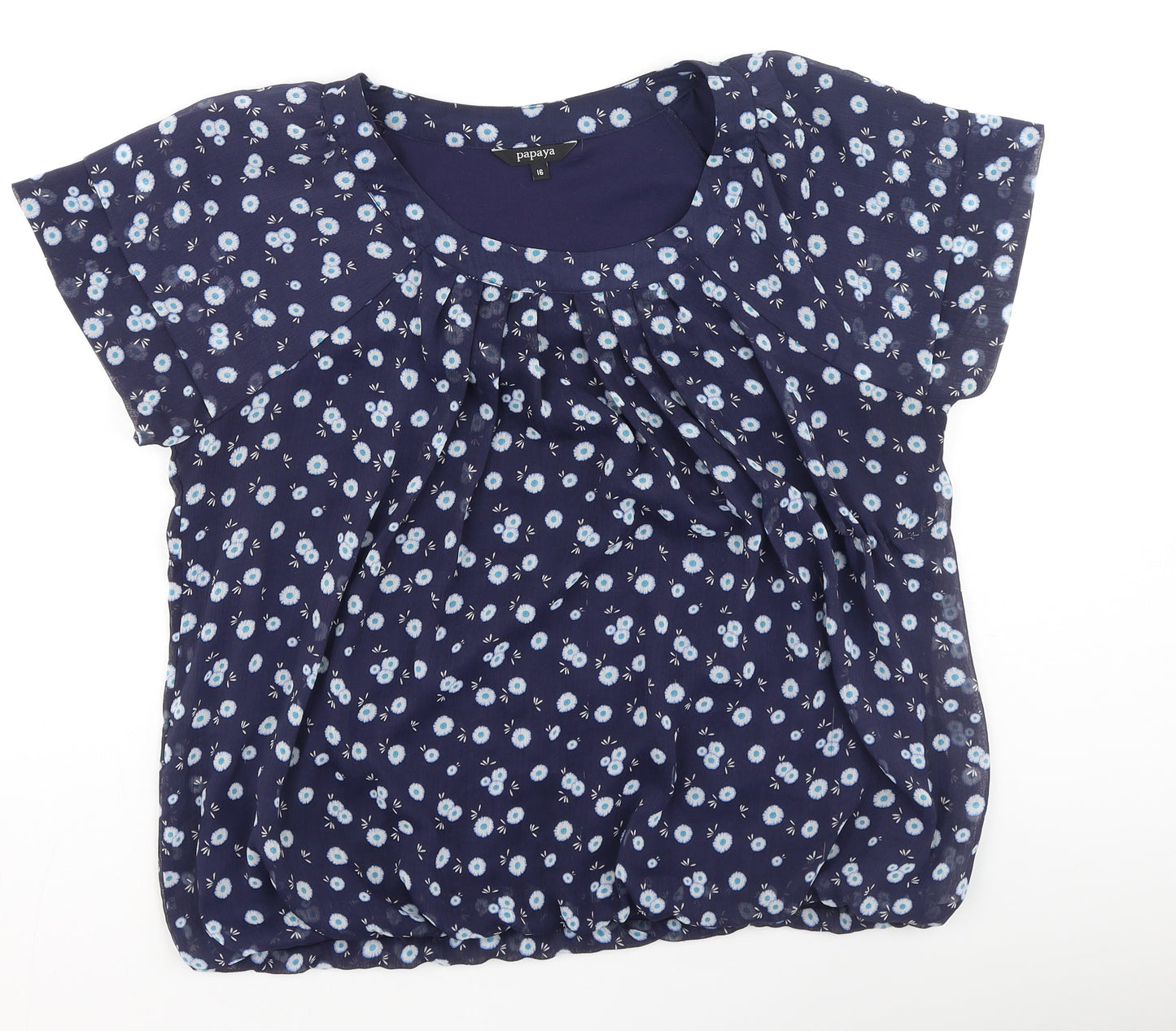 Papaya Womens Blue Floral Polyester Basic Blouse Size 16 Round Neck