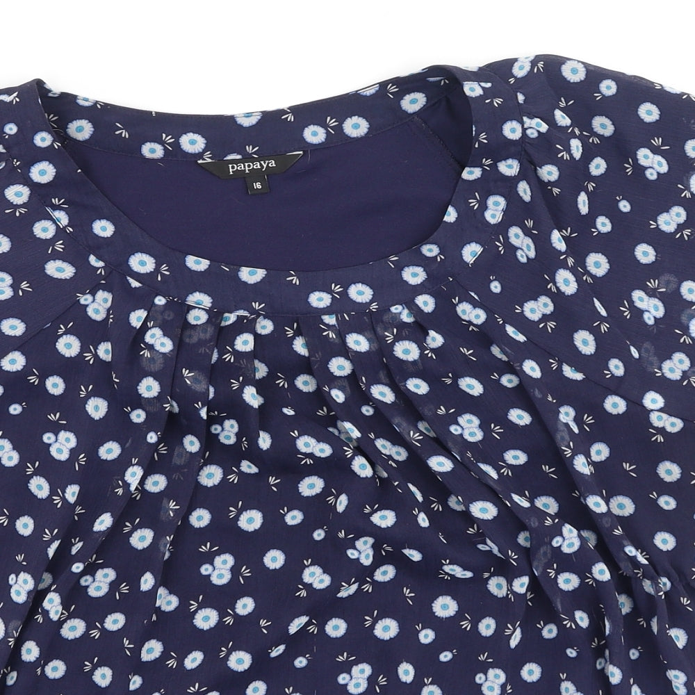 Papaya Womens Blue Floral Polyester Basic Blouse Size 16 Round Neck