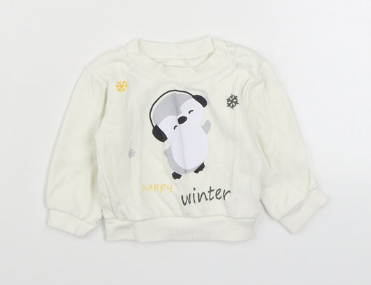 Front view of Baby Hi girls’ white cotton jumper, size 6-9, months pullover