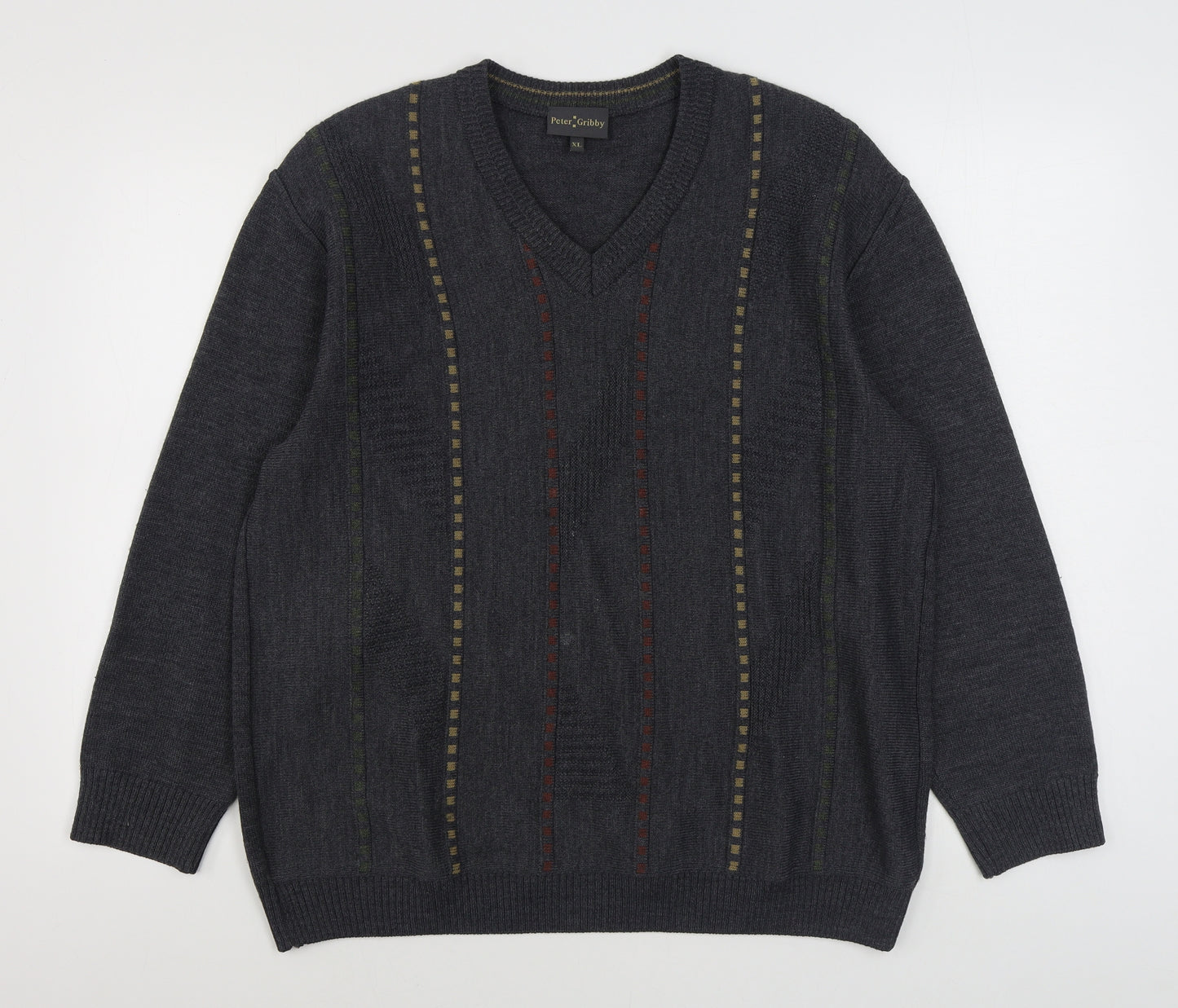 Peter Gribby Mens Grey V-Neck Striped Acrylic Pullover Jumper Size XL