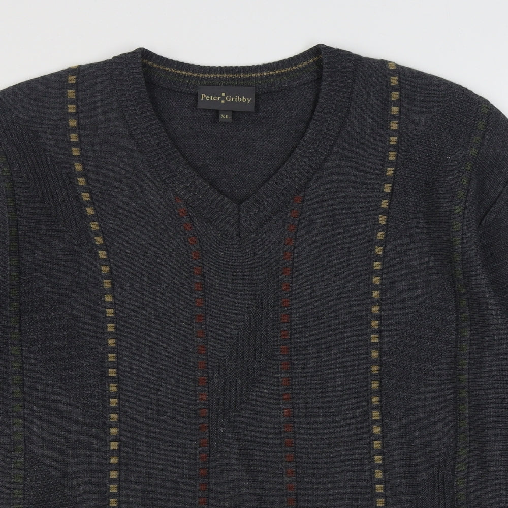 Peter Gribby Mens Grey V-Neck Striped Acrylic Pullover Jumper Size XL