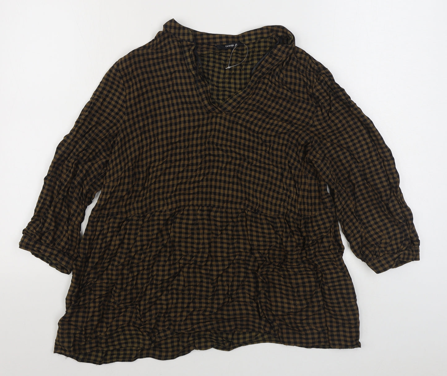 George Womens Blue Check Viscose Basic Blouse Size 10 V-Neck