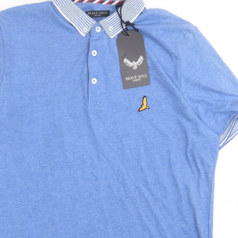 Brave Soul Mens Blue  Cotton  Polo Size XL Collared Button
