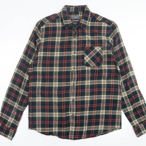 Primark Mens Green Plaid Cotton  Button-Up Size L Collared Button