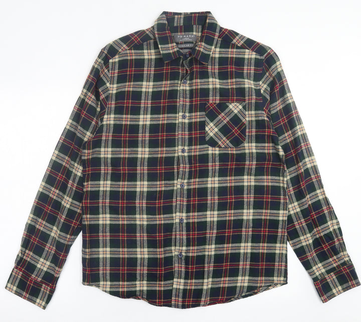 Primark Mens Green Plaid Cotton  Button-Up Size L Collared Button