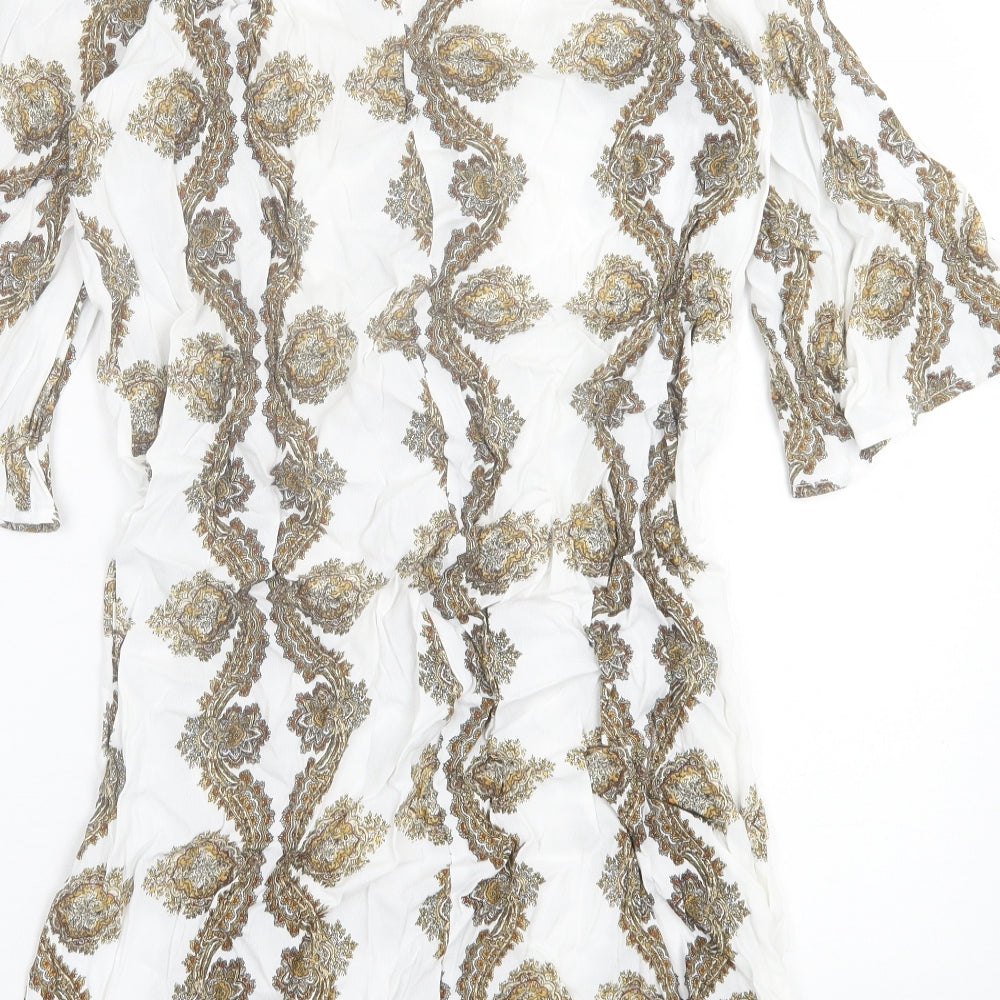 H&M Womens White Geometric Viscose A-Line  Size 8  Crew Neck Button