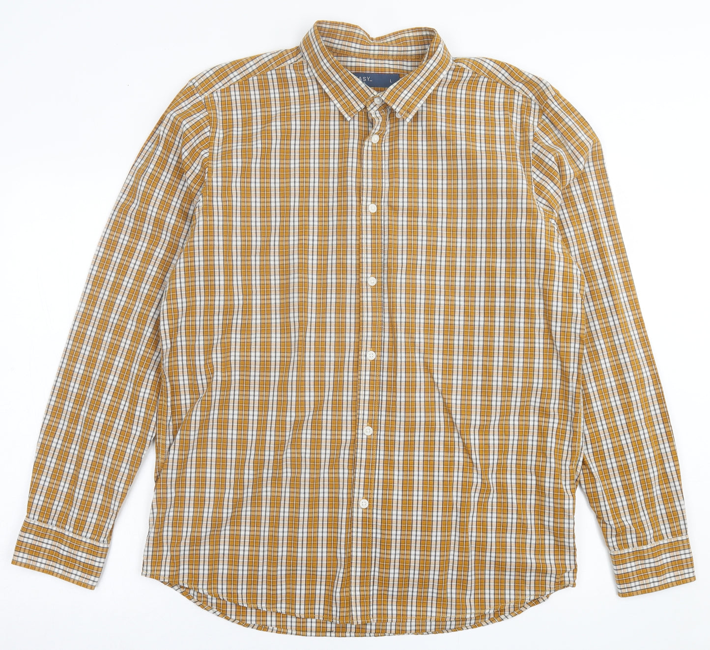 Easy Mens Yellow Plaid Cotton  Button-Up Size L Collared Button