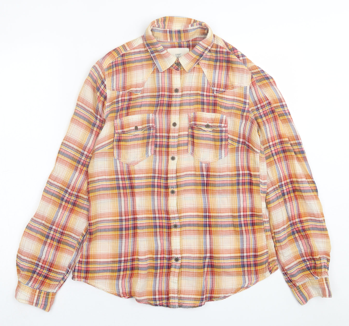 H&M Womens Orange Plaid Cotton Basic Button-Up Size 10 Collared
