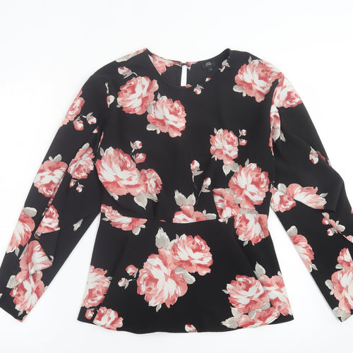 River Island Womens Black Floral Polyester Basic Blouse Size 8 Crew Neck