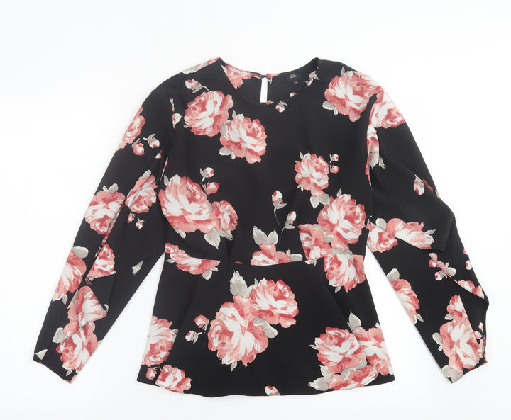 River Island Womens Black Floral Polyester Basic Blouse Size 8 Crew Neck