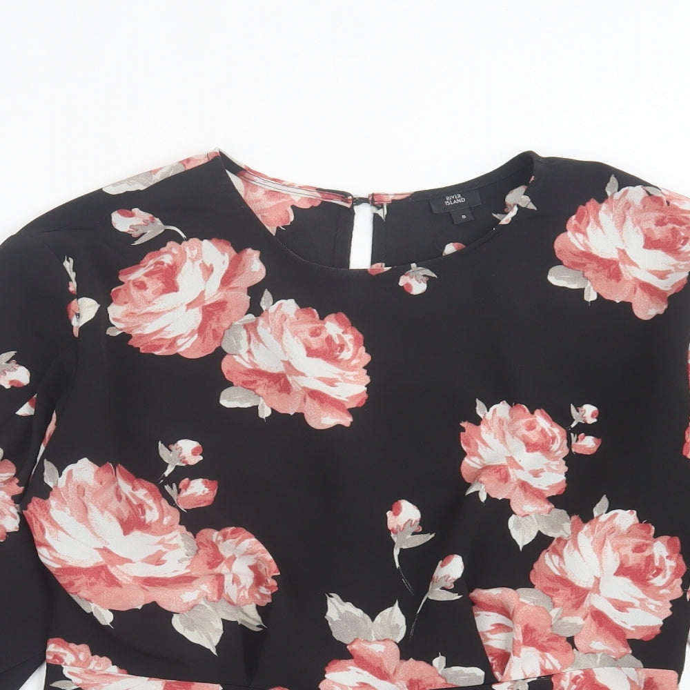 River Island Womens Black Floral Polyester Basic Blouse Size 8 Crew Neck
