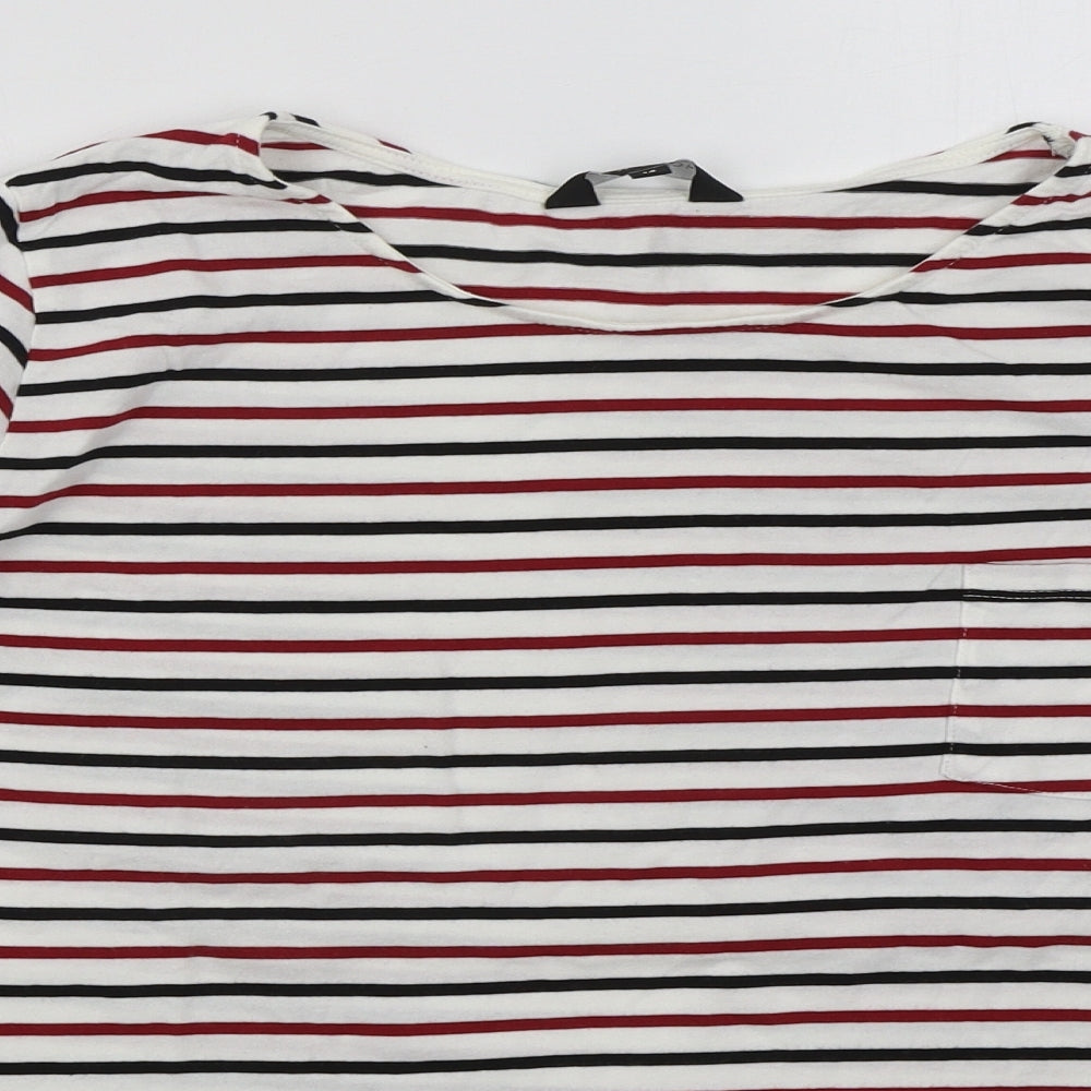 New Look Womens White Striped Cotton Basic T-Shirt Size 14 Round Neck - Red