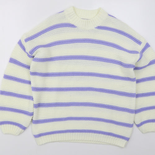 In the Style Womens White Crew Neck Striped Acrylic Pullover Jumper Size 6   - Purple