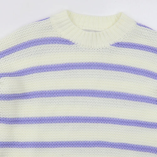 In the Style Womens White Crew Neck Striped Acrylic Pullover Jumper Size 6   - Purple