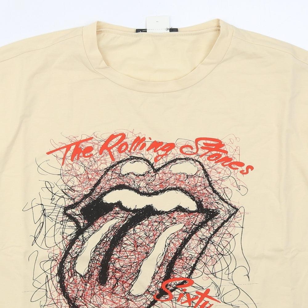 SheIn Womens Beige  Cotton Basic T-Shirt Size M Crew Neck - The Rolling Stones
